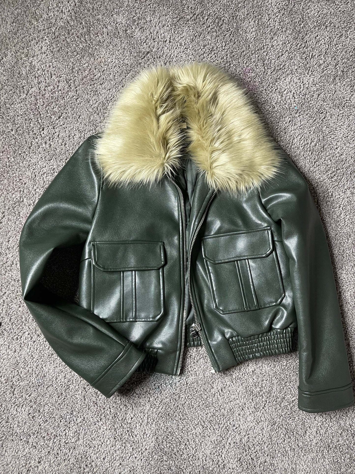 Green Faux Leather Bomber